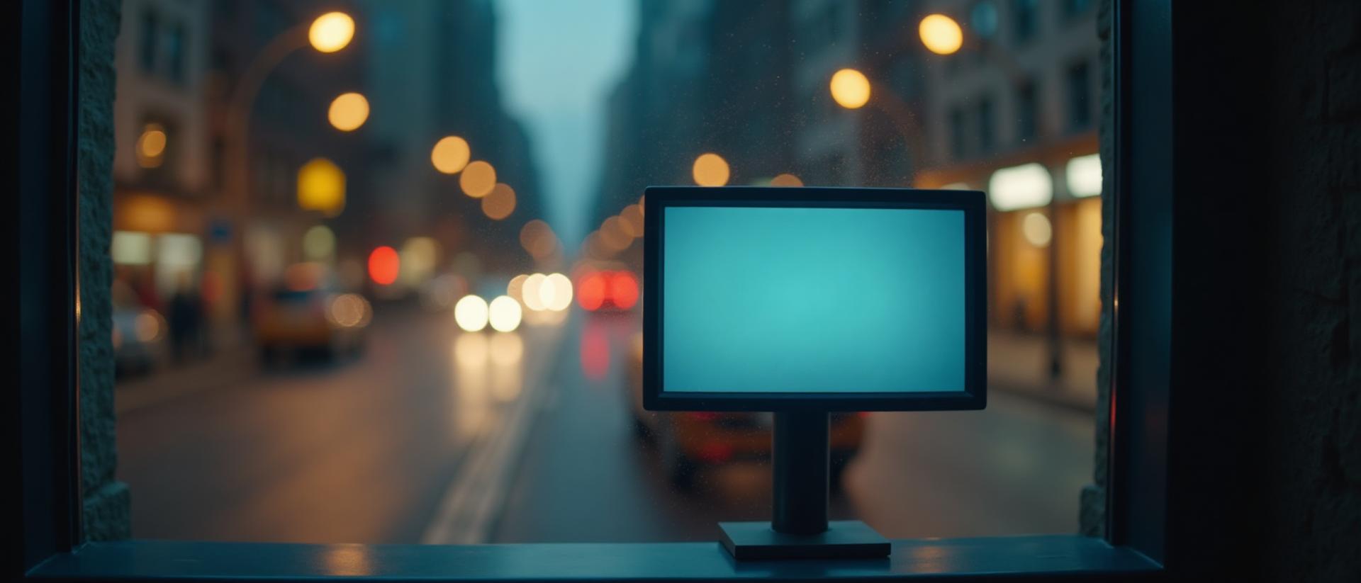Digital screen in window with urban street background